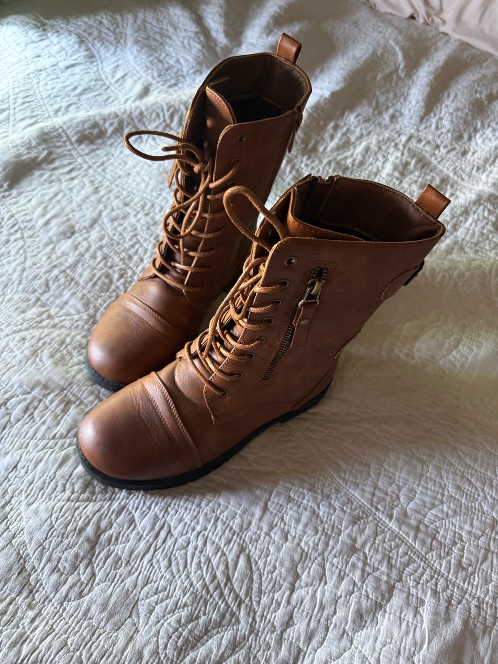 & Other Stories Kids Tan Lace-Up Combat Boots with Side Zip